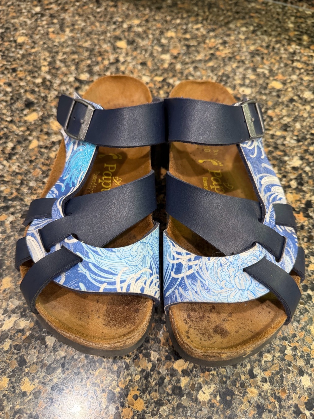 Ladies size 5, Birkenstock Navy Blue Patterned Strap Sandals